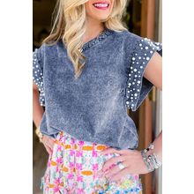 Dusk Blue Acid Wash Pearl Embellishments O-neck Denim Top