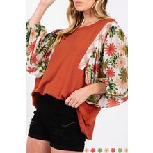 Desert Gold Floral Puff Sleeve Patchwork Round Neck Blouse