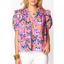 Purple Butterfly Print Ruffled Puff Sleeve Tied V Neck Blouse
