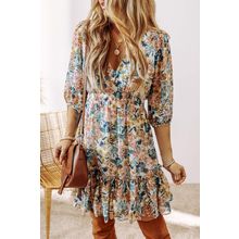 Sky Blue Floral 3/4 Sleeve V Neck High Waist Ruffled Dress