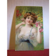 A BLOSSOMING BEAUTY by Emile Vernon used antique postcard by B. B. art =