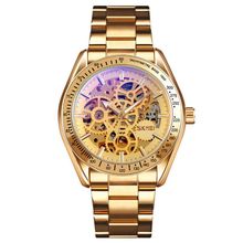 SKMEI 9194 Men Automatic Skeleton Mechanical Steel Band Watch, Black, Silver, Go