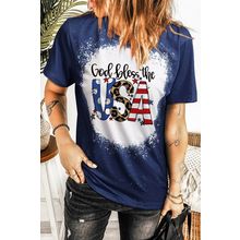 Blue God Bless the USA Print Bleach Short Sleeve T-Shirt