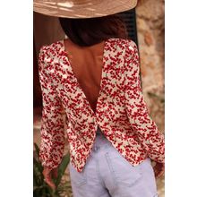 Red Floral Print Long Sleeve Open Back Blouse
