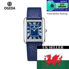 Gents Blue Square Tank Face Sony Battery Blue Genuine Leather Strap Watch Boxed