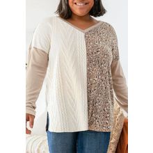 Gray Plus Size Leopard Patchwork Mix Knit Long Sleeve Top