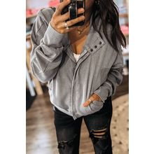 Gray Waffle Splicing Zip Up Front Button Hooded Jacket