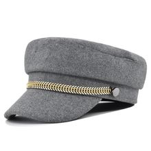 Women Faux Sailor Wool Captain Hat Flat Cap Army Style Chain Cabbie Beret Hat