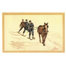 Carlo Pellegrini Switzerland Skiing Towed By Horses Lithograph Postcard
