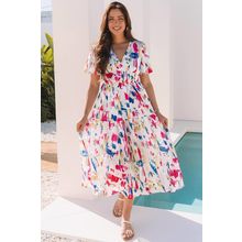 Rose Abstract Print Short Puff Sleeve Tiered Maxi Dress