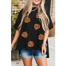 Black Sequin Jack-o-lantern Pattern Halloween Casual Tee