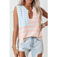 Beige USA Flag Notched Neckline Loose Sweater Vest