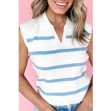 Sky Blue Stripe Split V Neck Collared Ribbed Sweater Vest
