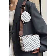 White Checkered Print PU Leather Shoulder Bag with Coin Wallet