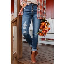 Blue Distressed Button Fly High Waist Skinny Jeans