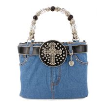 Denim Jean Purse w/ Rhinestone Cross Charm Belt - BG-BJ144MBK