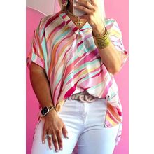 White Abstract Print Short Sleeve Notched Neck Plus Size Top