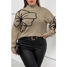 Dark Khaki Plus Size Big Flower Pattern High Neck Drop Shoulder Sweater
