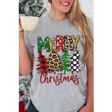 Gray Merry Christmas Tree Pattern Print Crew Neck Graphic Tee
