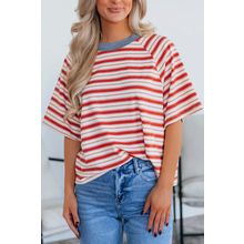 Tomato Red Stripe Print Contrast Collar Raglan Sleeve T Shirt