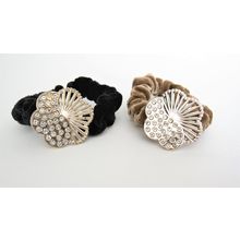 Flower shaped tan or black hair tie pony tail holder scrunchie with crystals