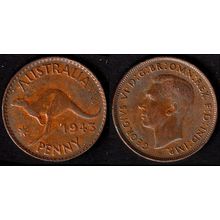 Australia One Penny 1943 Used Coin 1d Geo VI Kangaroo