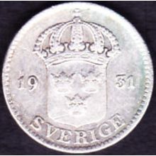 1931 Sweden 25 Ore Silver Coin