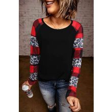 Black Off Shoulder Plaid&Leopard Print Long Sleeve Top
