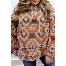 Red Plus Size Western Fashion Aztec Patterned Half Zip High Neck Hoodie