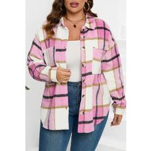 Pink Plaid Color Block Buttoned Long Sleeve Jacket with Pocket