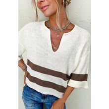Brown Striped Accent Notched V Neck Cropped Sweater T Shirt