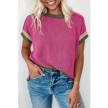 Rose Red Textured Contrast Trim Round Neck T Shirt