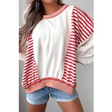 Red Stripe Colorblock Patchwork Contrast Stitching Oversize Sweatshirt