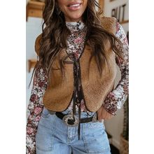 Light French Beige Contrast Trim Tie Front Sherpa Vest