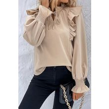 Khaki Ruffled Lace up Bubble Sleeve Blouse