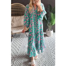 Green Abstract Print Puff Sleeve Tied Notched Neck Long Dress