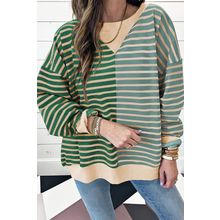 Green Stripe Casual Stripe Colorblock Drop Shoulder Oversize Sweatshirt