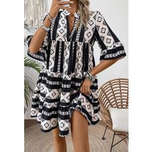Black Geometric Print V Neck Ruffled Dress