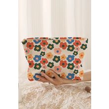 Red Colorful Flower Printed Rib Textured Cosmetic Bag
