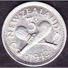 1942 New Zealand Threepence Silver Coin