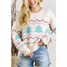 White Striped Christmas Tree Ribbed Trim Drop Shoulder Sweater