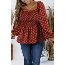 Plus Size Square Neck Printed Peplum Top