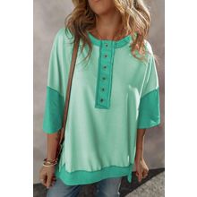 Bright Green Contrast Color Patchwork Half Button T Shirt