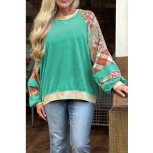 Sky Blue Plus Size Plaid Floral Patchwork Raglan Sleeve Sweatshirt