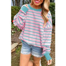 Pink Stripe Trimmed Round Neck Drop Shoulder Loose Sweater