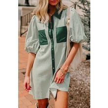 Green Patch Pockets Button Down Short Puff Sleeve Dress