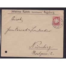BAVARIA 1907 10pf ON COVER FROM AUGSBURG TO NURNBERG