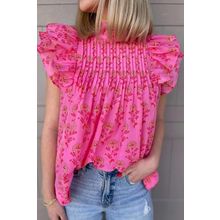 Rose Red Floral Print Pleated Ruffled Flutter Sleeve Blouse
