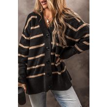 Black Stripe Buttoned V Neck Drop Shoulder Loose Cardigan