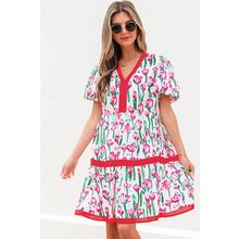 Pink Floral Print Contrast Trim V Neck Bubble Short Sleeve Babydoll Dress